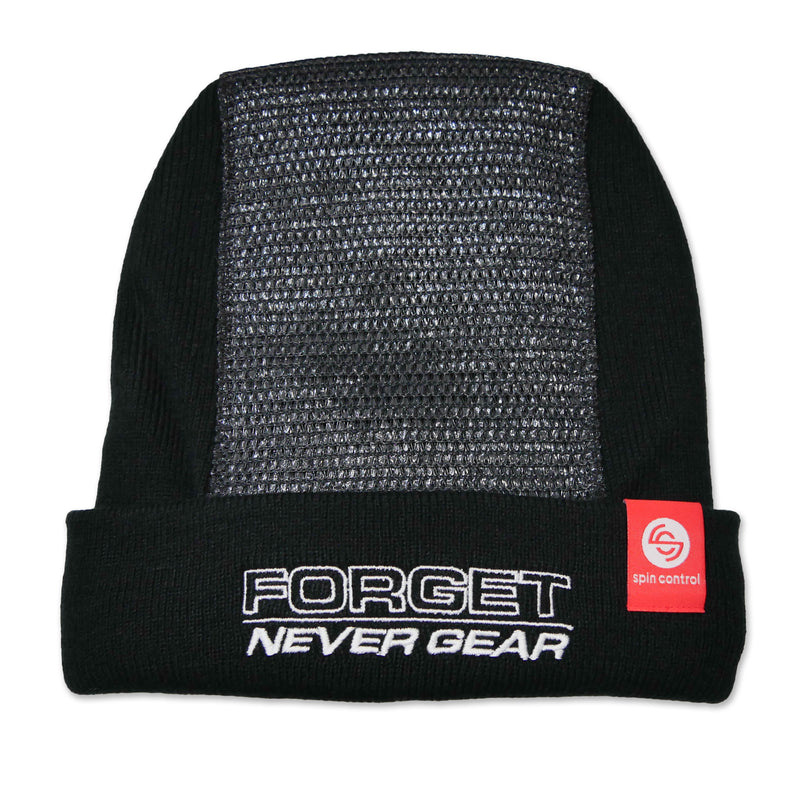 Spin Control Black Premium Spin Cap beanie with gray mesh back and 'FORGET NEVER GEAR' text on a white background