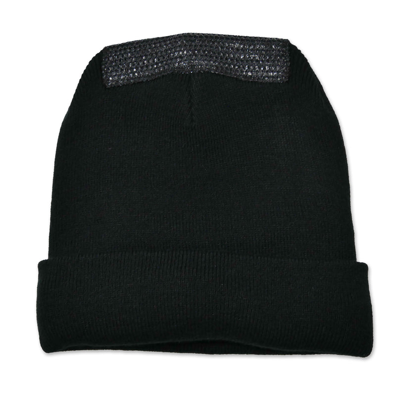 Back View of Spin Control Black Premium Spin Cap beanie with gray mesh back and 'FORGET NEVER GEAR' text on a white background